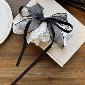 French style lace bow hair clip with black organza and white embroidery detail