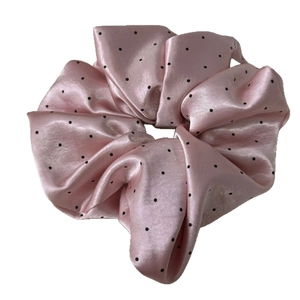 Pink satin scrunchie with black polka dots, voluminous hair accessory for high ponytail