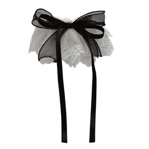 French style lace bow hair clip for low ponytail with black organza and long ribbons