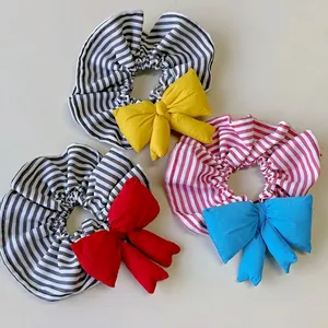 Korean Style 3D Bowknot Cotton Filled Striped Scrunchie For Women Cute Sweet Fabric Elastic Hair Tie Ponytail Holder