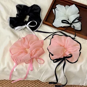 Sweet Mesh Organza Scrunchies With Long Bow Ribbon Contrast Edge Ponytail Hair Tie For Women Girls Hair Accessories