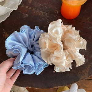 French Style Large Satin Scrunchie Pleated Layered Ruffle Hair Tie Solid Color Elastic Hair Band For Women Hair Accessories