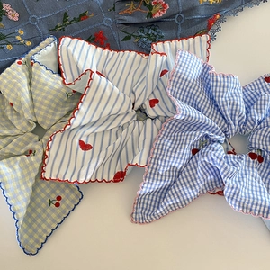 Chouchou Doux Français Gingham Cerise Brodé Foulard Carré Élastique Cheveux Femmes Accessoires Cheveux en Tissu pour Coiffure