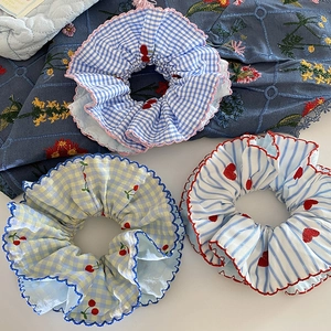 Lot de chouchous style français avec broderie cerise et motif à carreaux en coton