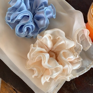 Blue and cream pleated satin scrunchies with elegant four-layer ruffled cloud design