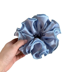 French style light blue satin oversized scrunchie with pleated ruffle textures
