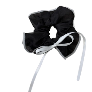Elegant black mesh scrunchie with white trim and a long white bow ribbon for ponytails