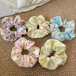 Oil Painting Style Floral Scrunchies For Women Sweet Large Hair Bands Ponytail Holder Handmade Cloth Hair Accessories