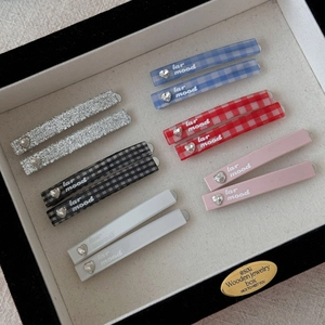 Set of Korean style checkered hair clips with rhinestones and Lar Mood lettering