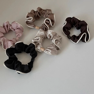French satin scrunchie set with white piping in pink, gold, brown and black colors