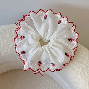 Sweet Strawberry Embroidery Scrunchie White Scalloped Edge Elastic Hair Band Floral Rabbit Pattern Hair Tie Women Jewelry