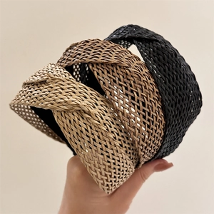 Bohemian Straw Braided Headband Summer Breathable Woven Cross Twist Hairband Vintage Wide Head Wrap For Women Beach Accessory