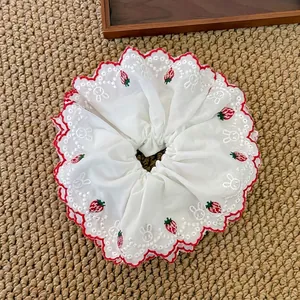 Pastoral style large white lace scrunchie with strawberry embroidery and red wavy edges