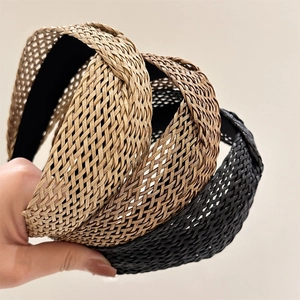 Breathable woven straw crossover headband in gold, brown and black for summer