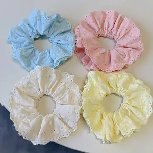 Korean Style Sweet Lace Eyelet Cotton Scrunchies For Women Large Ruffle Hair Ties Elegant Bow Ponytail Holder Hair Bands