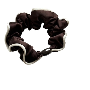 French satin scrunchie in coffee brown with cream trim and plastic buckle detail