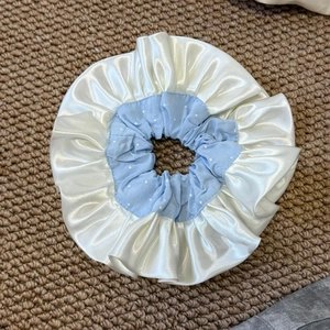 French style oversized cream satin scrunchie with blue polka dot ruffles and layered texture