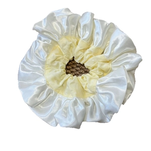 French ballet style oversized satin scrunchie with white and yellow polka dot ruffles