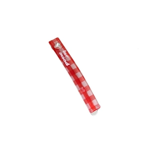 Red plaid hair clip with crystal heart and lar mood lettering on white background