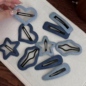 Vintage Denim Fabric Blue Heart Star Hollow Hair Clip For Women Sweet Denim Texture BB Clip Fashion Hair Accessories