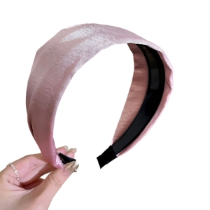 Pink satin wide headband for women featuring a silk-like texture and anti-slip teeth