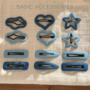 12-piece denim blue star and heart hair clips set with various geometric shapes
