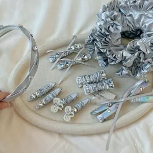 Korean Style Silver PU Leather Bow Rhinestone Hair Accessories Pleated Scrunchie Headband Duckbill Clip For Women Girls Jewelry