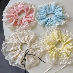 Lace flower hair scrunchies set with ribbon bows and faux pearls in pastel colors