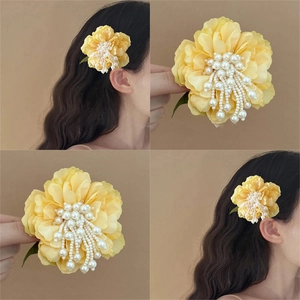 Yellow Fabric Flower Hair Clip With Imitation Artificial Pearl Tassels Korean Fairy Style Side Fringe Clip Hair Accessory For Women Girls