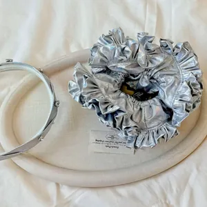 Silver PU leather scrunchie and rhinestone headband hair accessory set for women