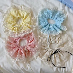 Sweet lace oversized hair scrunchies with ribbons and pearls in four pastel colors