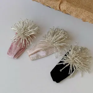 Three-piece set of velvet beaded hair clips with elegant silver firework patterns