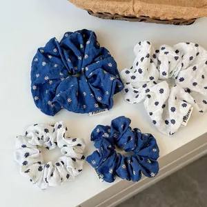 Koreanischer Stil Blumen Scrunchies Für Damen Gänseblümchen Druck Strukturierter Stoff Haargummis Groß Klein Blau Weiß Haarschmuck