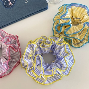 Chouchou Rayé de Couleur Contrastée de Style Français Avec Bord à Volants Élastique à Cheveux en Tissu Haute Élasticité Femme Mode