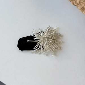 Elegant black velvet BB hair clip with radiant clear bead clusters in sunburst design