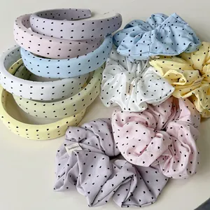 Accessoires Cheveux Doux pour Femmes en Tissu Imprimé Cœur Style Coréen Grand Chouchou et Serre-tête Rembourré Couleur Macaron