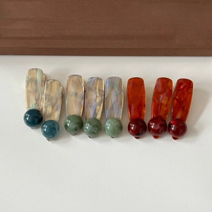 Set of 8 rectangular marble-textured acetate hair clips with retro resin bead accents