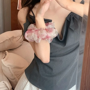 Chouchou romantique en organza à fleurs avec élégant motif de roses roses pour femmes