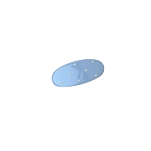 Minimalist light blue oval hair clip with white polka dots and smooth glazed finish