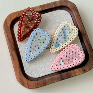 French style heart-shaped hair clips with colorful rhinestones in assorted colors