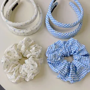 Embroidered Floral Gingham Headband Mori Style Fabric Hair Accessories Women High Crown Headband Pastoral Style Scrunchies