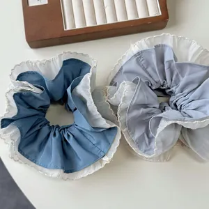 French Style Cream Blue Double Layer Organza Scrunchies For Women Handmade Lace Hair Ties Elegant Floral Large Hair Bands