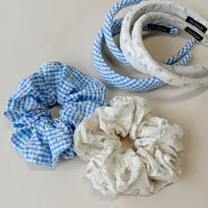 Floral embroidery and plaid headband set with matching large hair scrunchies
