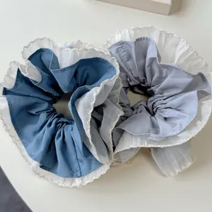French style double-layered cream blue scrunchies set with white tulle trim and ruffled design