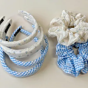 Floral embroidery headband and scrunchies set with blue grid pattern and cotton texture