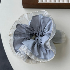French style double-layered cream blue scrunchie with elegant white organza floral edges