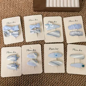Sweet Korean Style Light Blue Cloth Bow Hair Clips Floral Striped Lace Ribbon BB Hairpins For Women Girls Hair Accessories