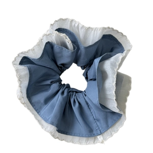 French style double-layer blue and cream floral scrunchie with lace trim and pleated texture