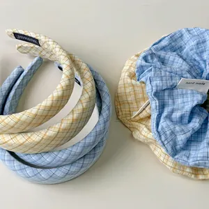 Haarband und Haargummi Set mit blau-gelbem Karomuster im koreanischen Stil für Damen