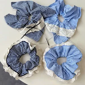 Women Korean Sweet Gingham Plaid Scrunchies Lace Trim Bow Knot Hair Ties Elastic Ponytail Holders Daily Hair Accessories